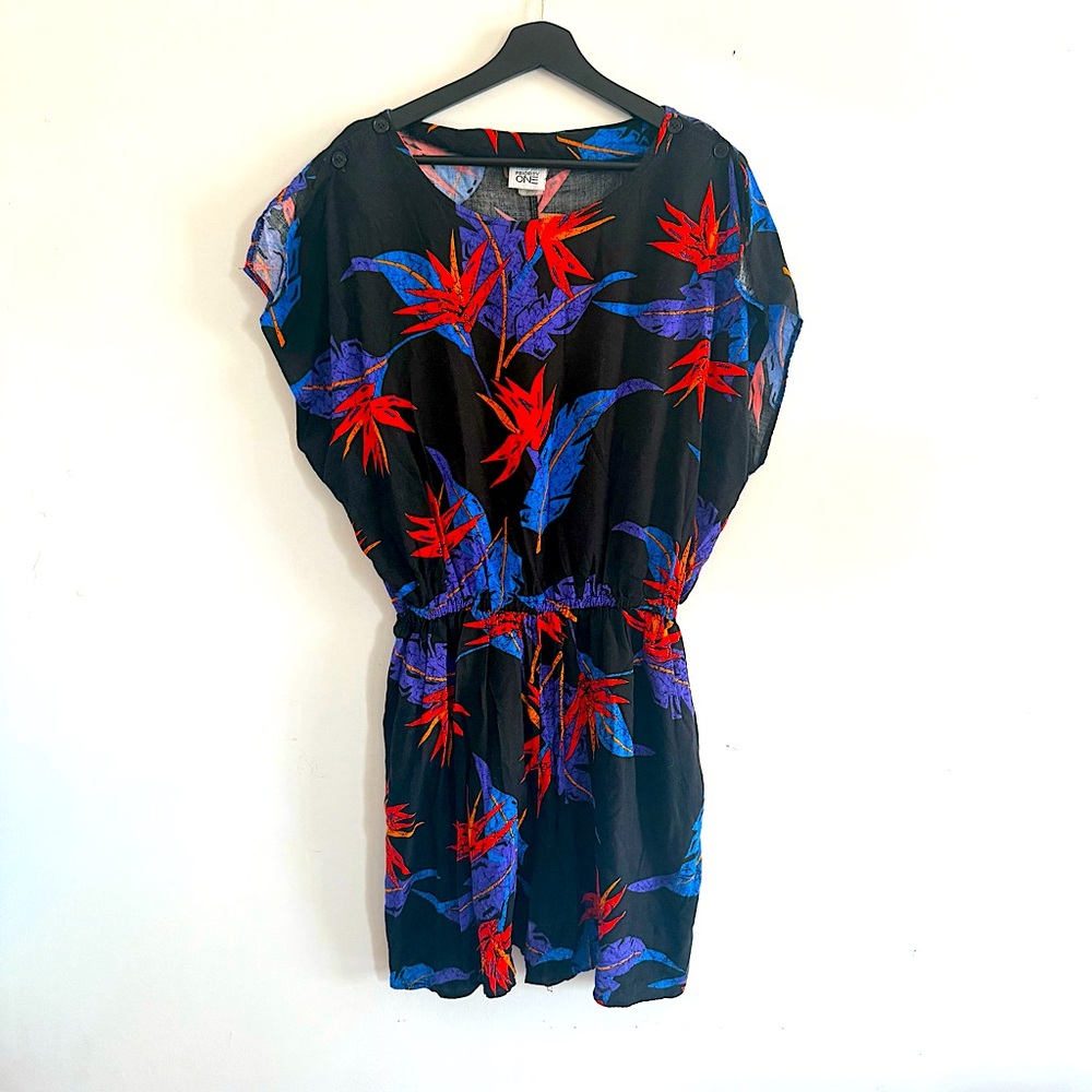 Vintage Tropical Black Romper with Red and Blue Leaves